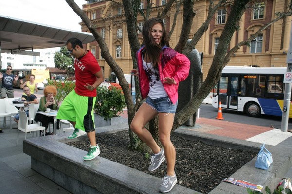 Les Mills Group Fitness Instructor Rachael Cohen (R) gets AJ (L) and Auckland moving